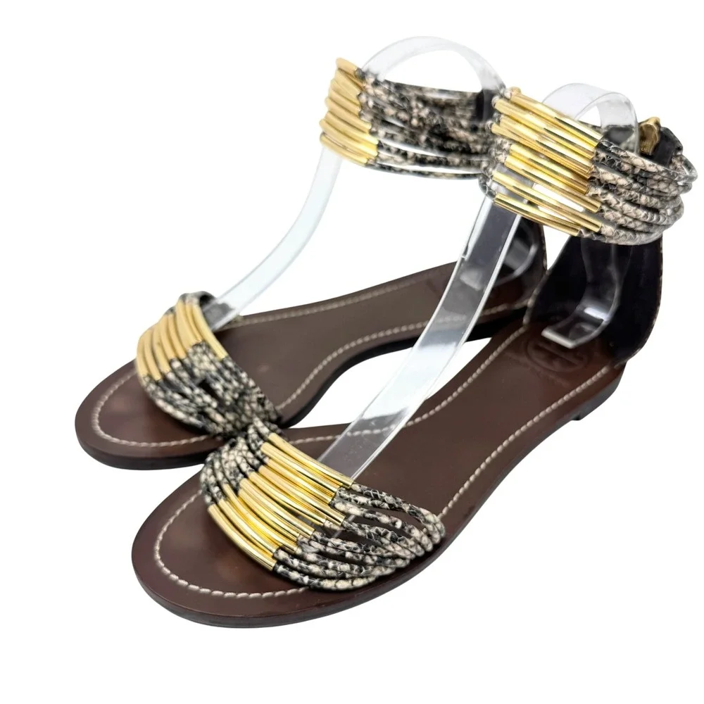 Tory Burch Mignon Ankle Strap Flat Sandals Gold Snake Print Size 8.5